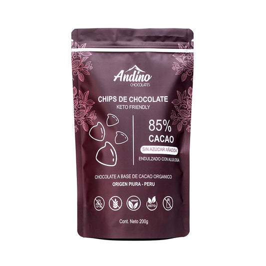 CHIPS DE CHOCOLATE KETO ANDINO 85% ENDULZADO CON ALULOSA - 200g